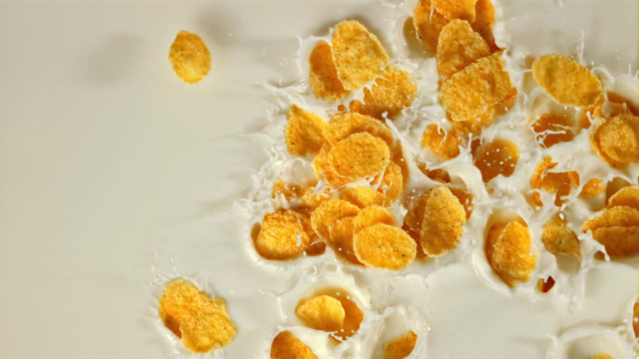 Gyldne cornflakes plasker ned i hvid mælk i slowmotion