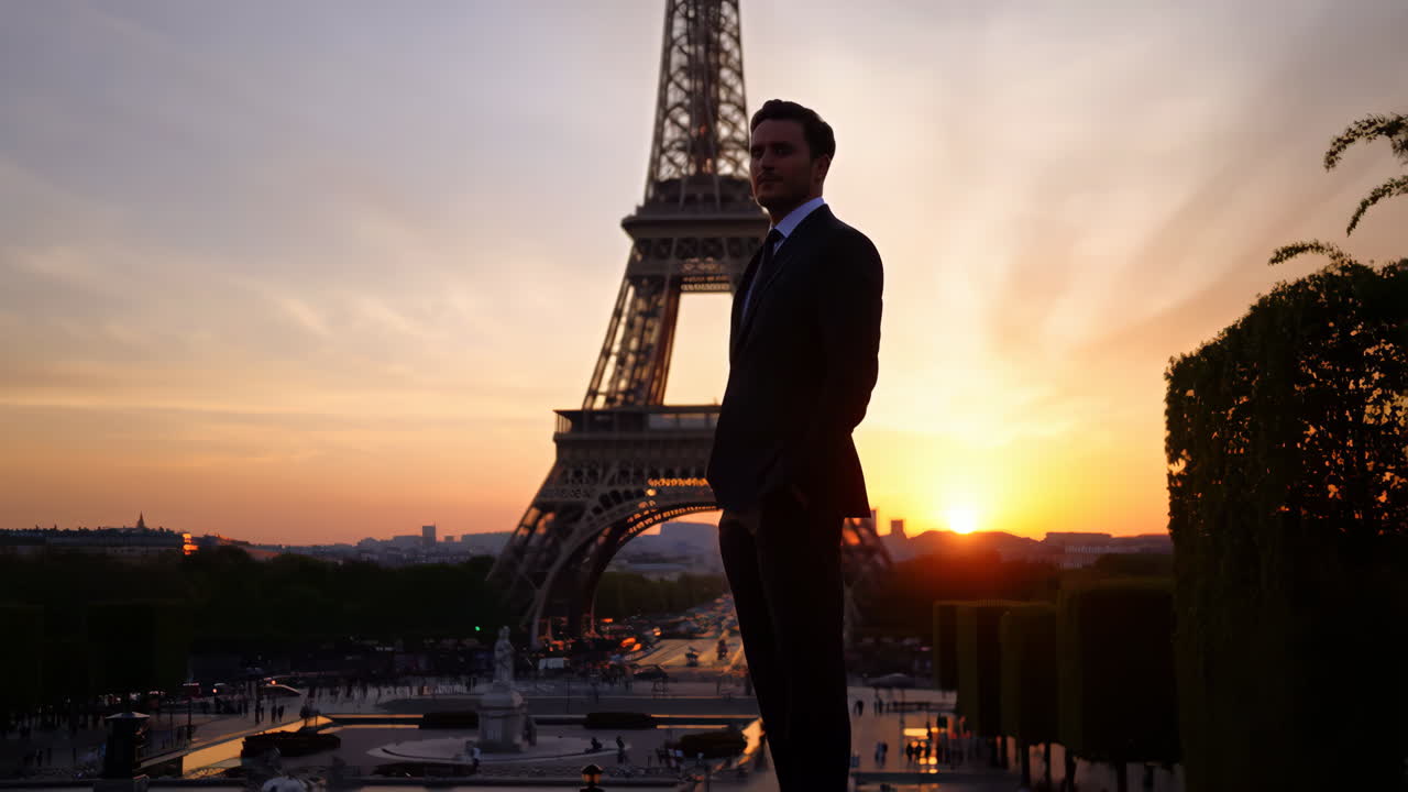 Man in Suit Posing with Eiffel Tower at Sunset in Paris