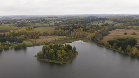 Drone-of-lonely-island-with-a-forest-in-the-middle-of-a-lake