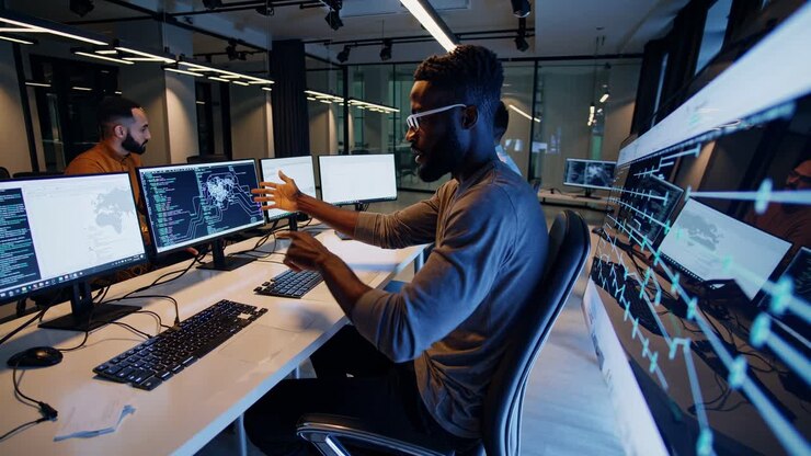 A video of a tech team working in a modern office, shot from a side angle, showcasing multiple