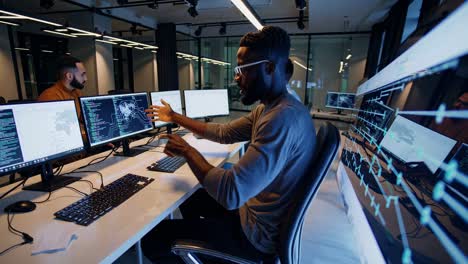a video of a tech team working in a modern office, shot from a side angle, showcasing multiple