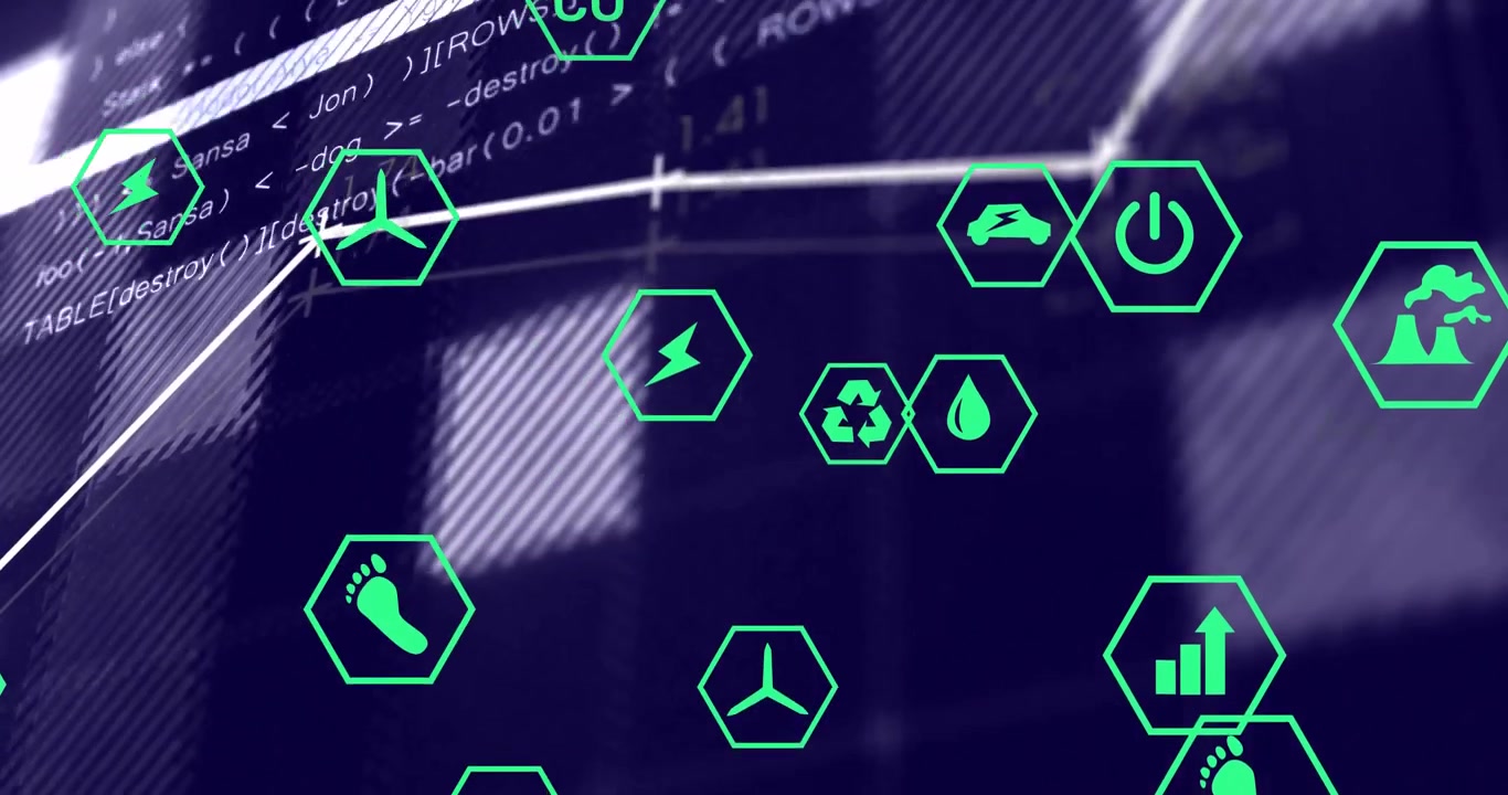 On code load floating green-outline hex icons drawing line graph showing energy emissions trends