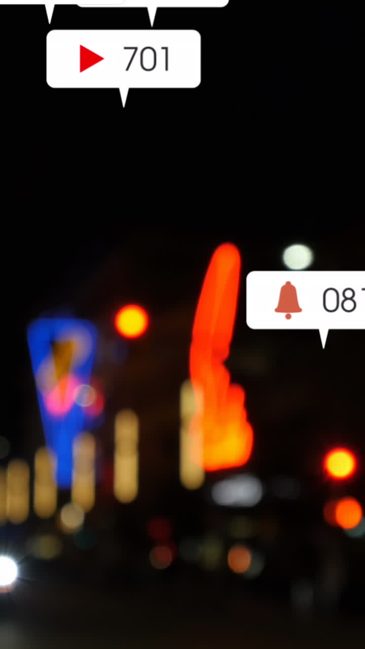 animación de iconos y números de redes sociales fuera de enfoque de la ciudad y los semáforos
