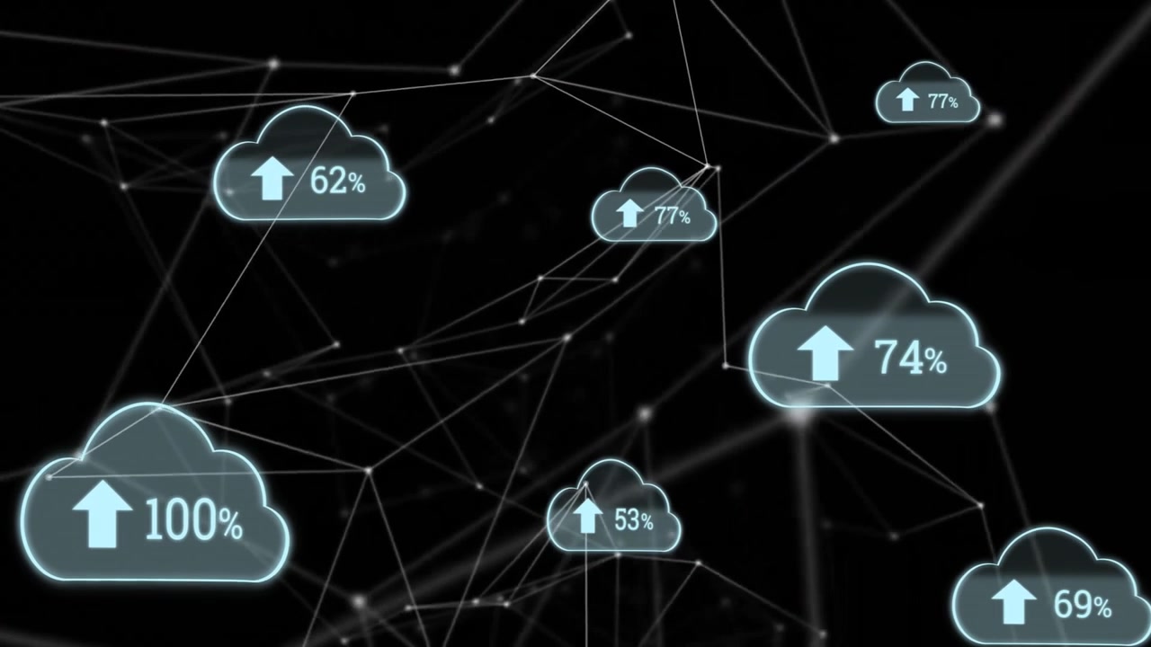 Starting cloud upload icons floating on node network updating percentages reaching completion