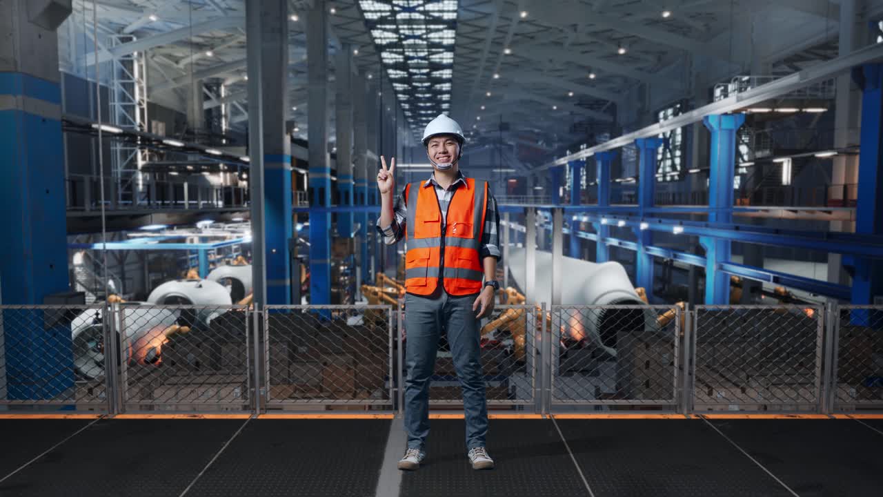 Full Body Of Asian Male Engineer With Safety Helmet Standing In Factory Manufacture of Wind Turbines. Smiling And Showing Peace Gesture While Robotic Arm Working