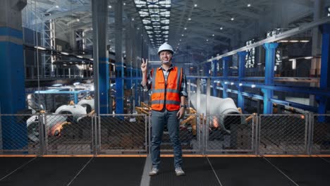 full body of asian male engineer with safety helmet standing in factory manufacture of wind turbines. smiling and showing peace gesture while robotic arm working