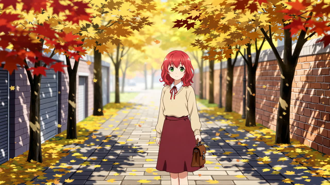 Ragazza anime che cammina su un sentiero autunnale