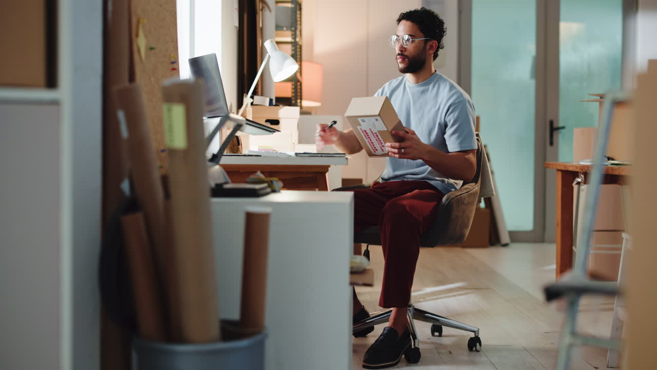 Young Man Preparing a Package for Shipping in His Home Office