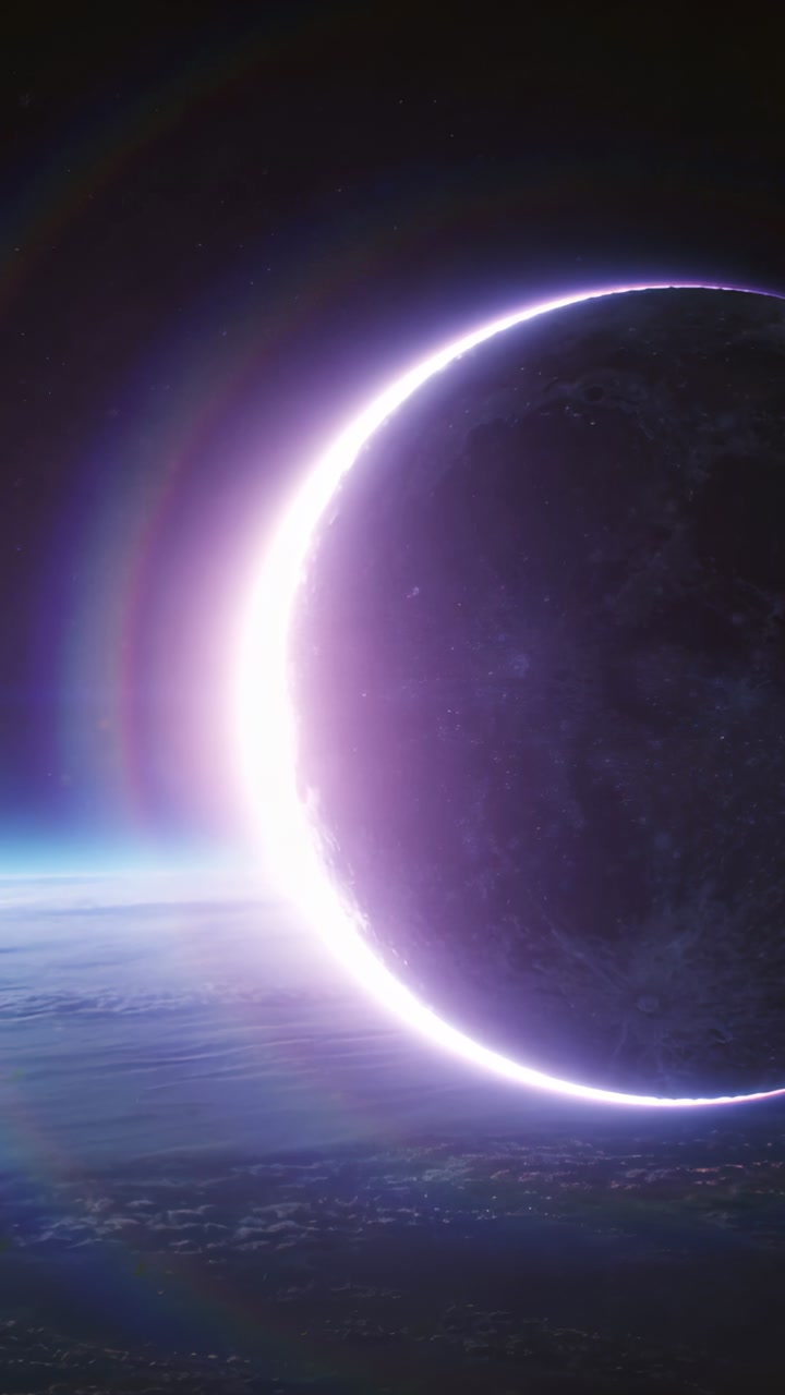 Vertical video: Pushing camera revealing planet crescent above limb with purple halo and blue glow