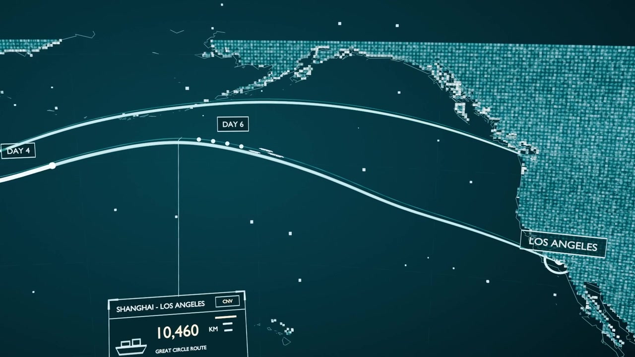 Starting with route at Shanghai, animating map tracking dots to Los Angeles, showing info panel