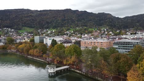 aerial view of bregenz, vorarlberg, austria, you can see the city with its typical architecture and the lake constance or bodensee, alps