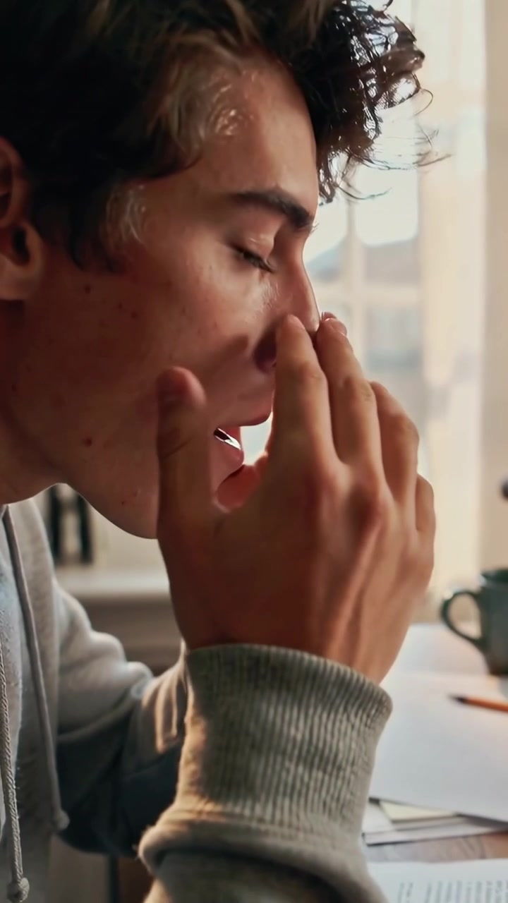 Vídeo vertical: Estudante de moletom cinza inclinado sobre um livro aberto na mesa, esfregando os olhos devido à fadiga ocular.