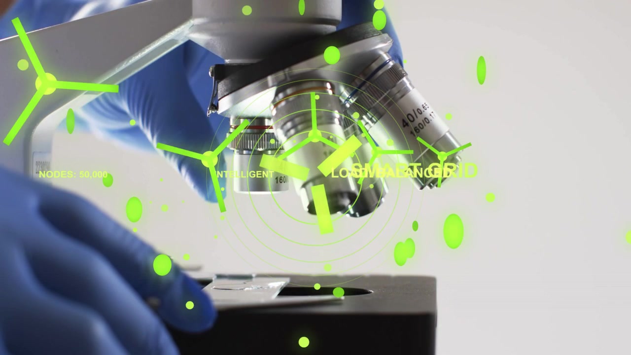 Lab tech right gloved hand rotating turret, green HUD centering over lens while aiding analysis