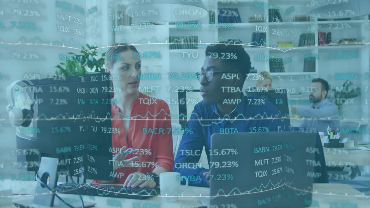 Animation of financial data processing over diverse business people in office