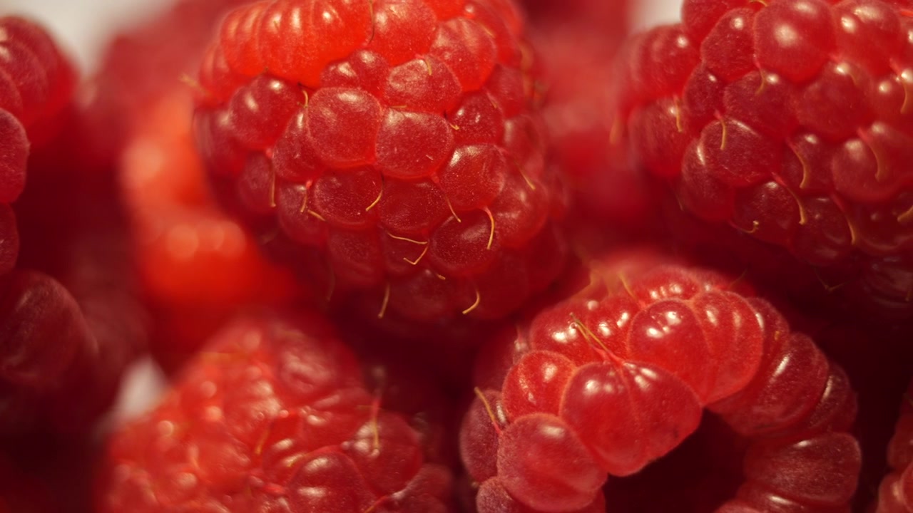 50p extreme close up slider shot moving across fresh raspberries texture