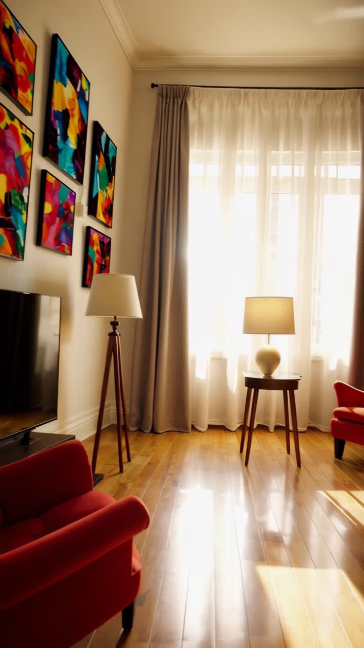 Vibrant Living Room with Modern Art and Warm Lighting