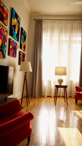 vibrant living room with modern art and warm lighting