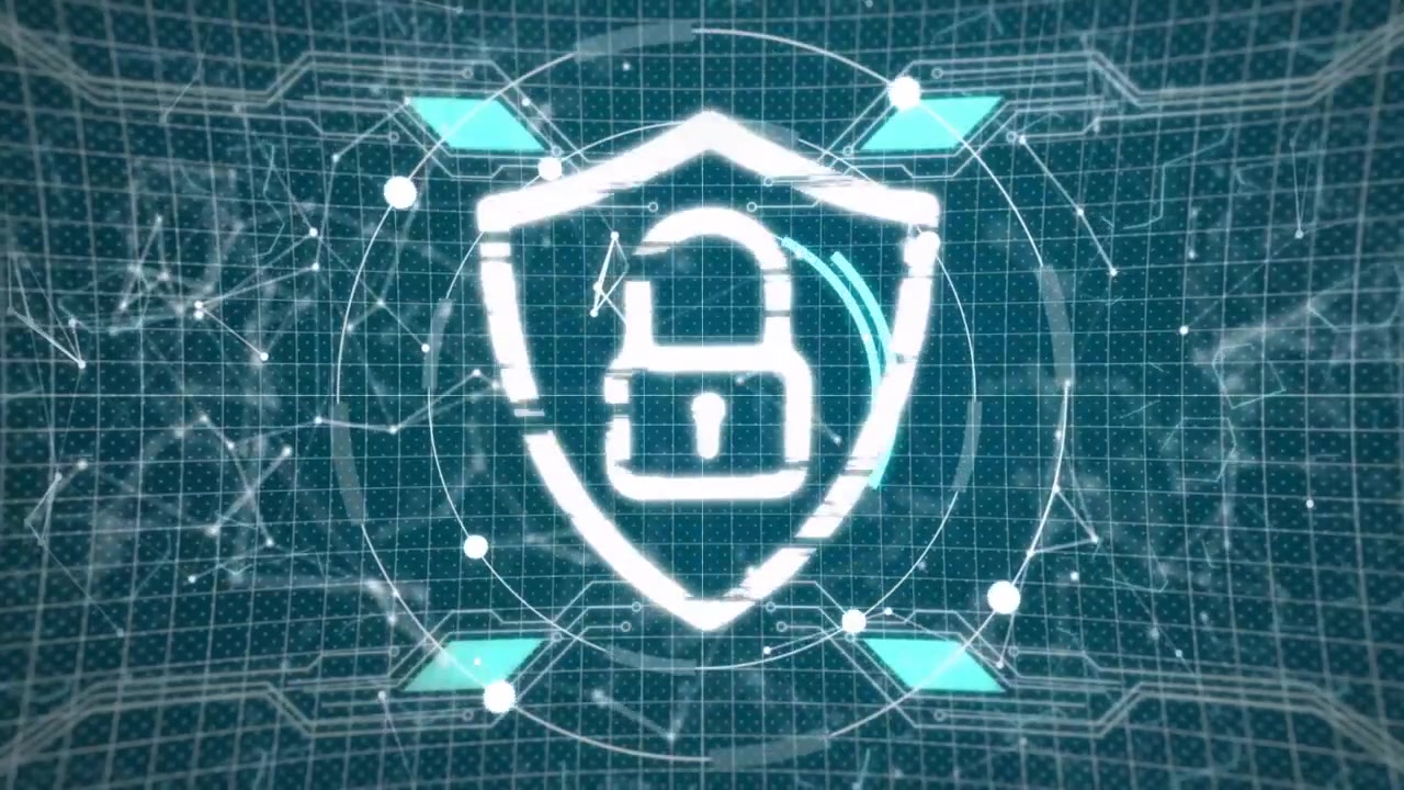 Streams streaking teal grid spiraling inward, forming padlock shield glitching open, securing data