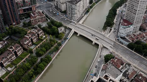 shanghai downtown residential district, riverside with busy road bridge, aerial