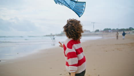 little boy playing kite on ocean shore rear view. curly kid jumping reaching toy