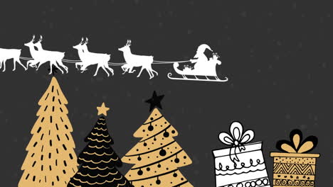 animation of santa claus in sleigh pulled by reindeers over christmas tree and gifts icons