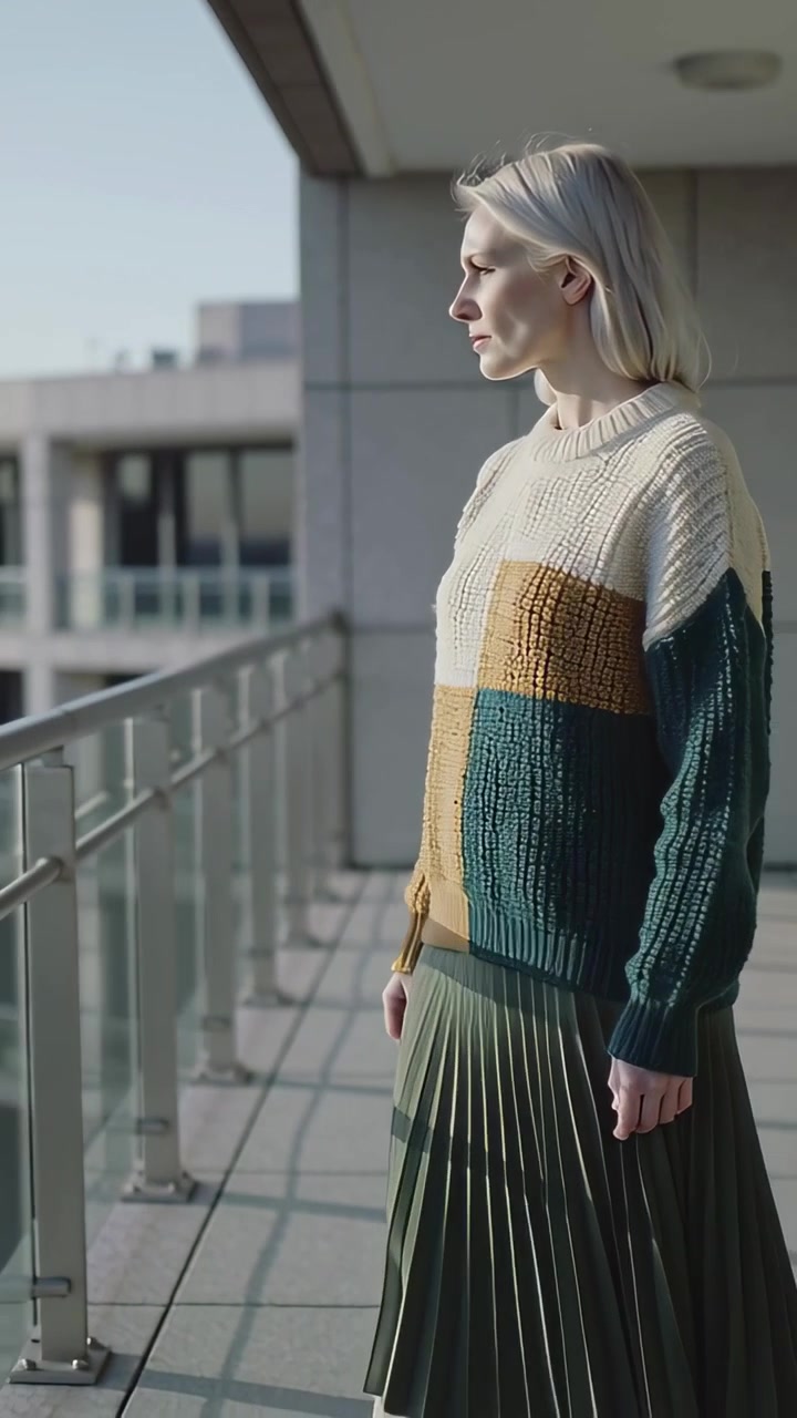 Video verticale: ripresa a ritroso di una donna con top in maglia e gonna a pieghe che guarda dal balcone