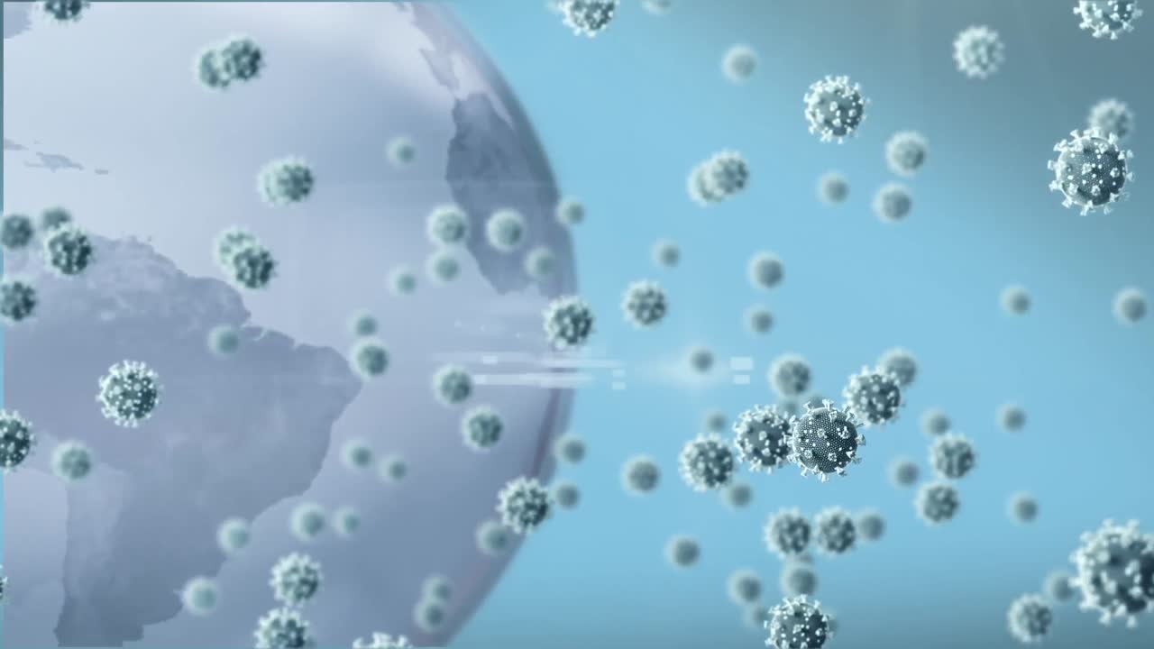 전 세계적으로 떨어지는 코로나19 세포의 애니메이션
