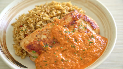 filete de pollo a la parrilla con salsa de curry rojo y arroz - estilo de comida musulmana