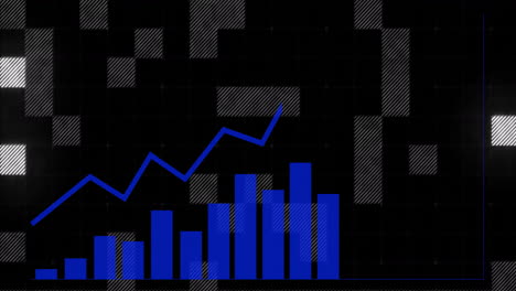 bar chart and line graph animation over pixelated black and white background