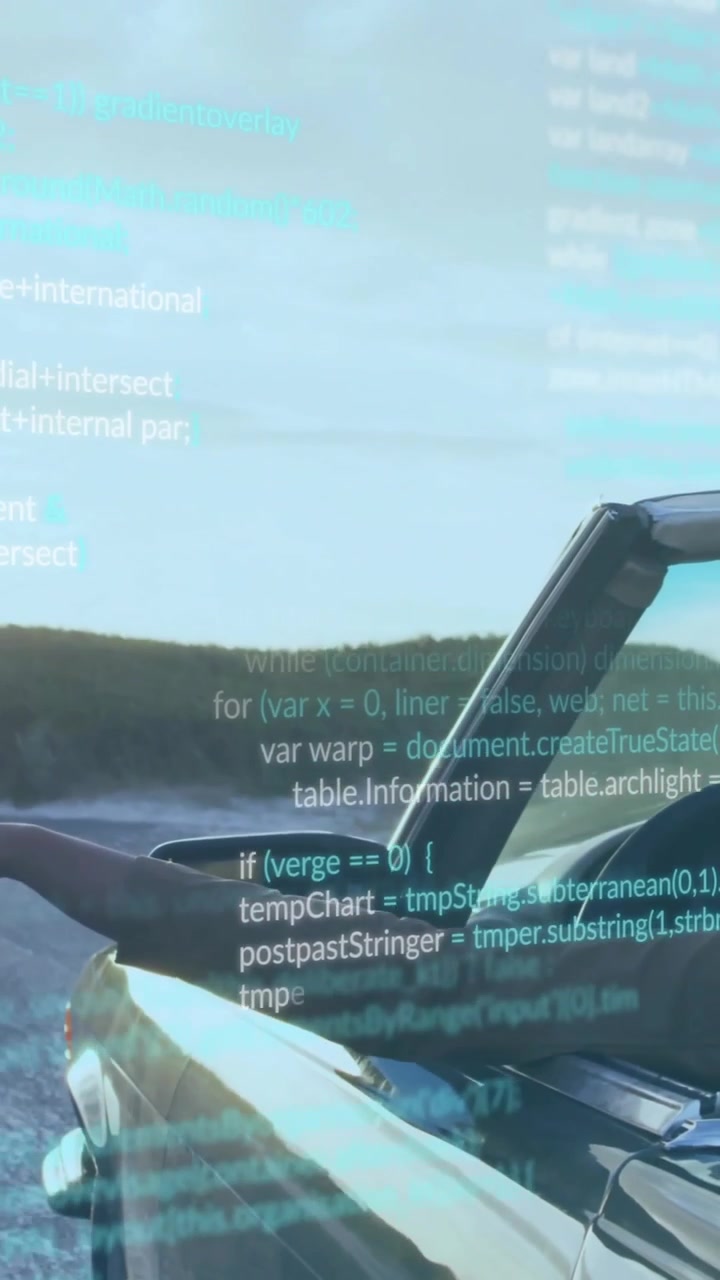 Driving convertible on scenic road, coding animation over landscape