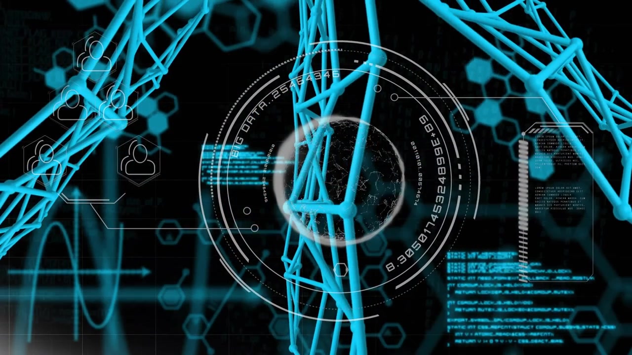 Abstract Digital Network with Scientific Data and HUD Elements