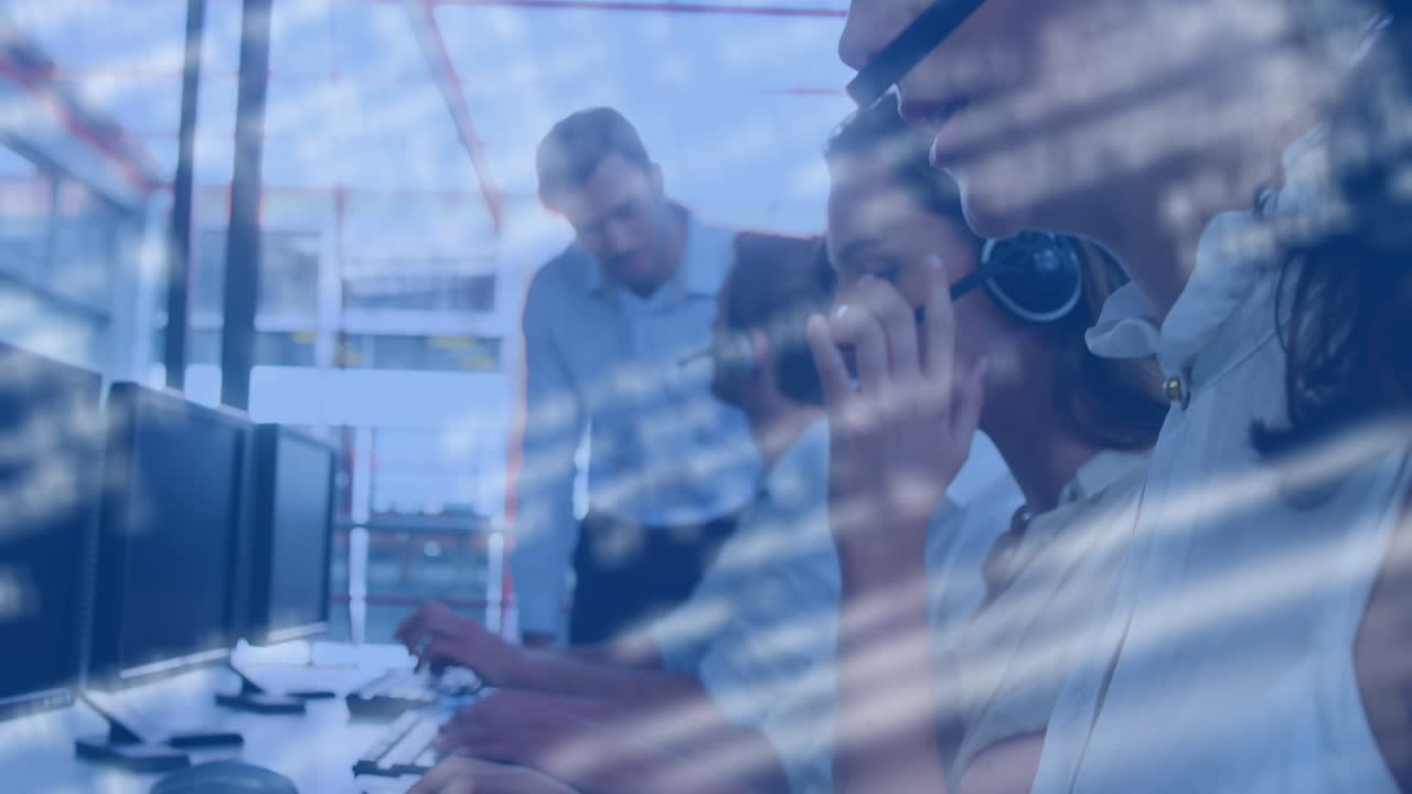 Animation of data processing over diverse business people using phone headsets