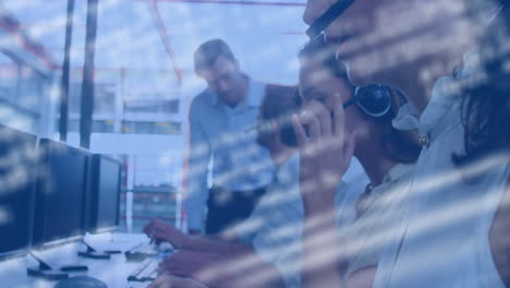 animation of data processing over diverse business people using phone headsets