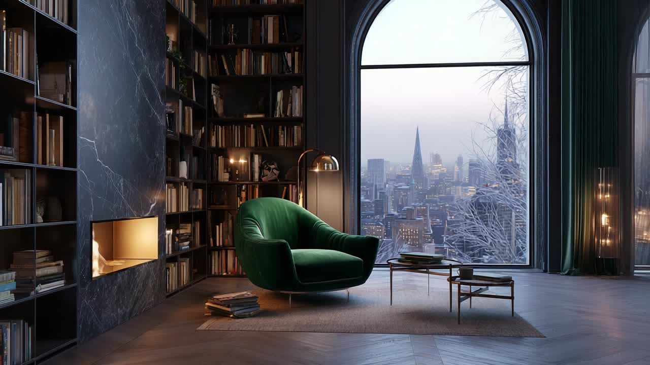 A Cozy Modern Living Room Featuring a Plush Green Armchair, an Elegant Bookshelf, and a Breathtaking Cityscape View Through Large Arched Windows During Golden Hour