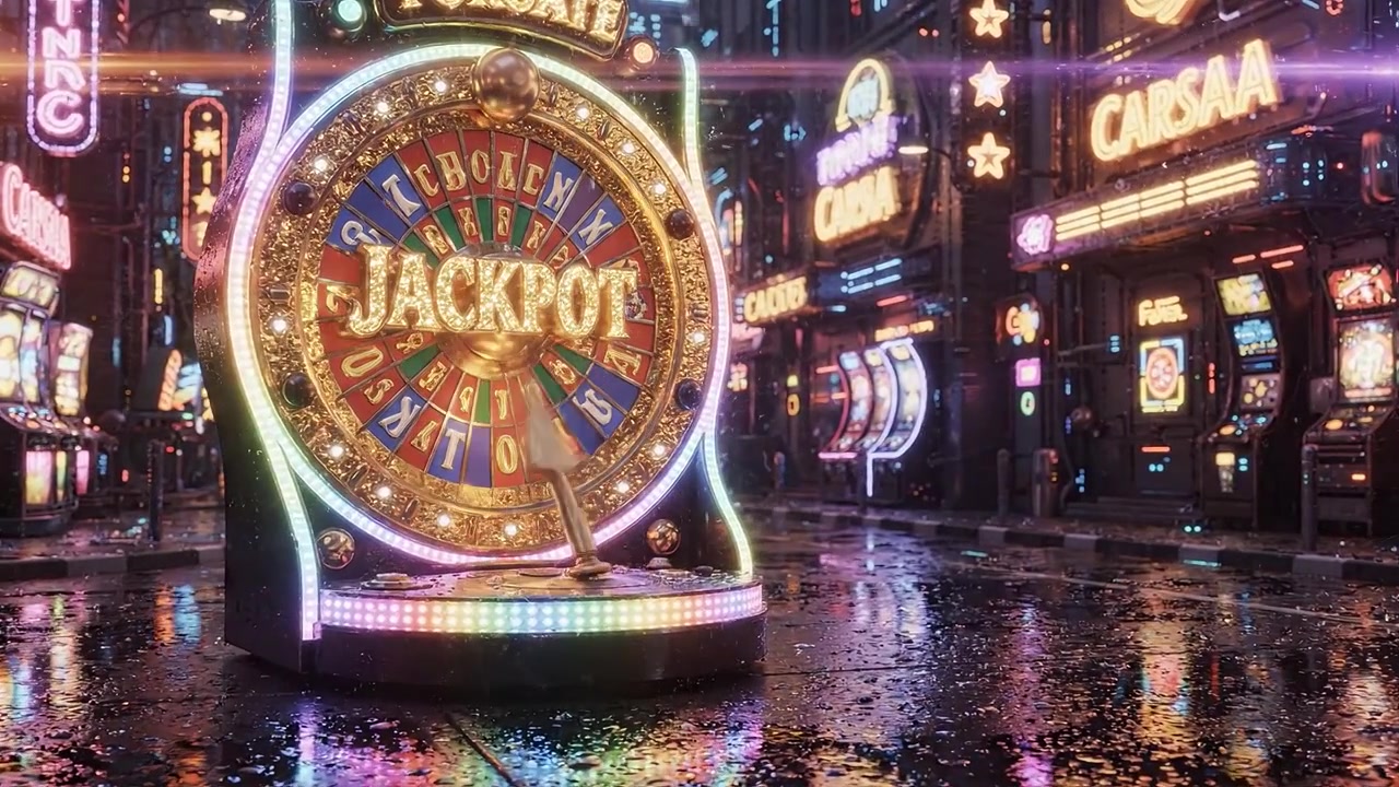 Una vivace scena di casinò al neon che presenta una ruota della fortuna che gira, circondata da un'atmosfera vivace e colori brillanti in un ambiente urbano futuristico.