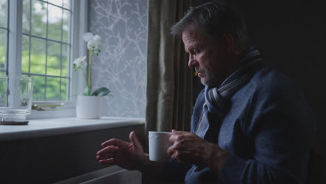 Unhappy-Mature-Man-Trying-To-Keep-Warm-By-Radiator-At-Home-During-Cost-Of-Living-Energy-Crisis