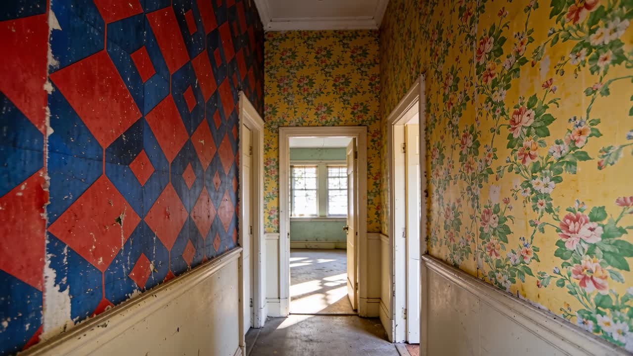 Kamera bevæger sig ned ad gangen, viser rød-blå væg og gult tapet, der fører mod et solbeskinnet rum
