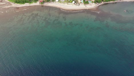 Paraíso-Tropical-En-Negros-Orientales,-Filipinas---Villas-Y-árboles-Frondosos-En-La-Playa-De-Arena-Blanca-Con-Mar-Azul-Turquesa---Dron-Inclinado