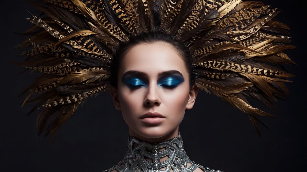 A striking portrait featuring a model with an elaborate feathered headdress and bold blue makeup, showcasing intricate jewelry against a dark backdrop