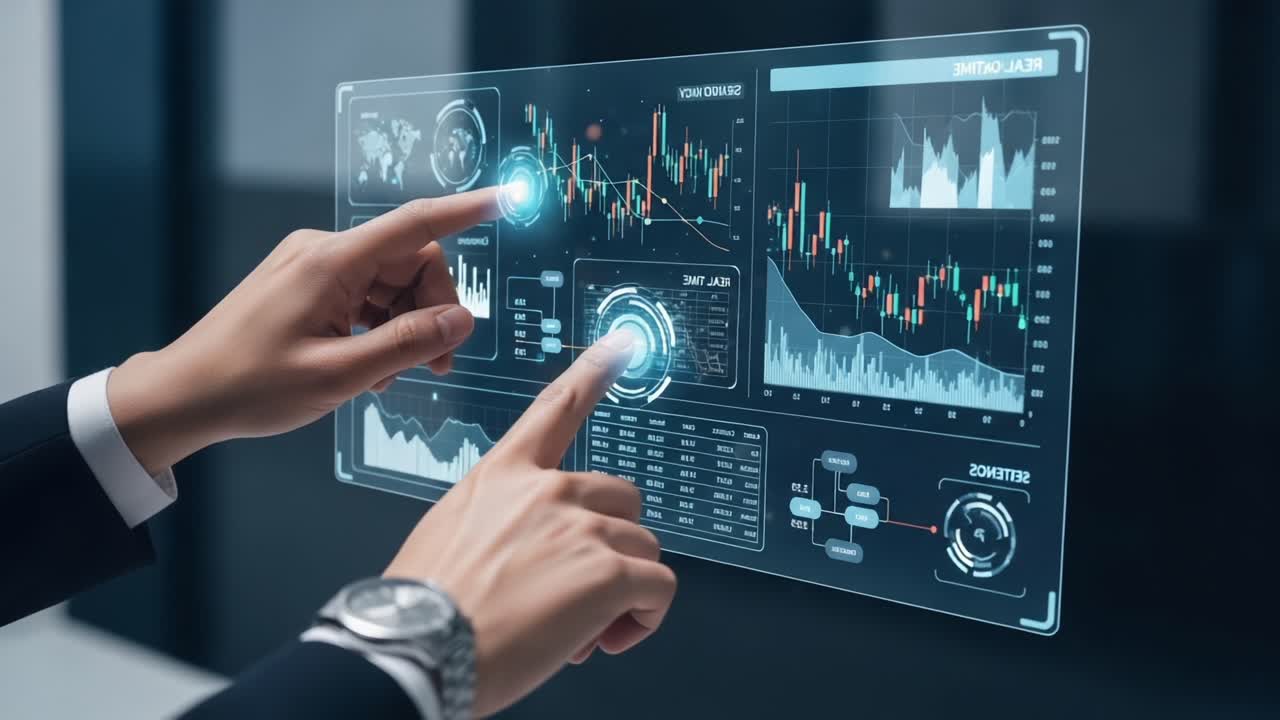 Engaging with Advanced Data Visualization: An Individual Analyzing Financial Trends and Market Insights Through Interactive Touchscreen Interface
