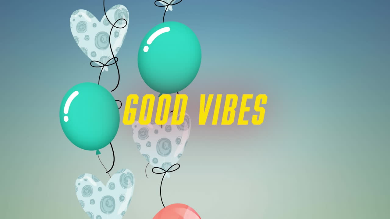 animación de las palabras buenas vibraciones en amarillo con globos flotantes en azul