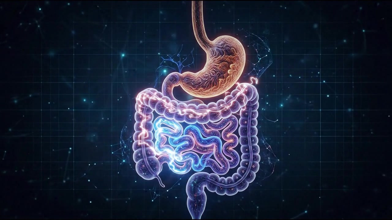 Bright digestive system hologram with orange stomach and multicolor intestines