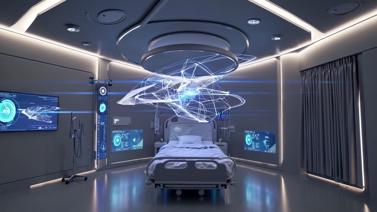 Futuristic hospital room with advanced technology. High-tech medical equipment surrounds a modern