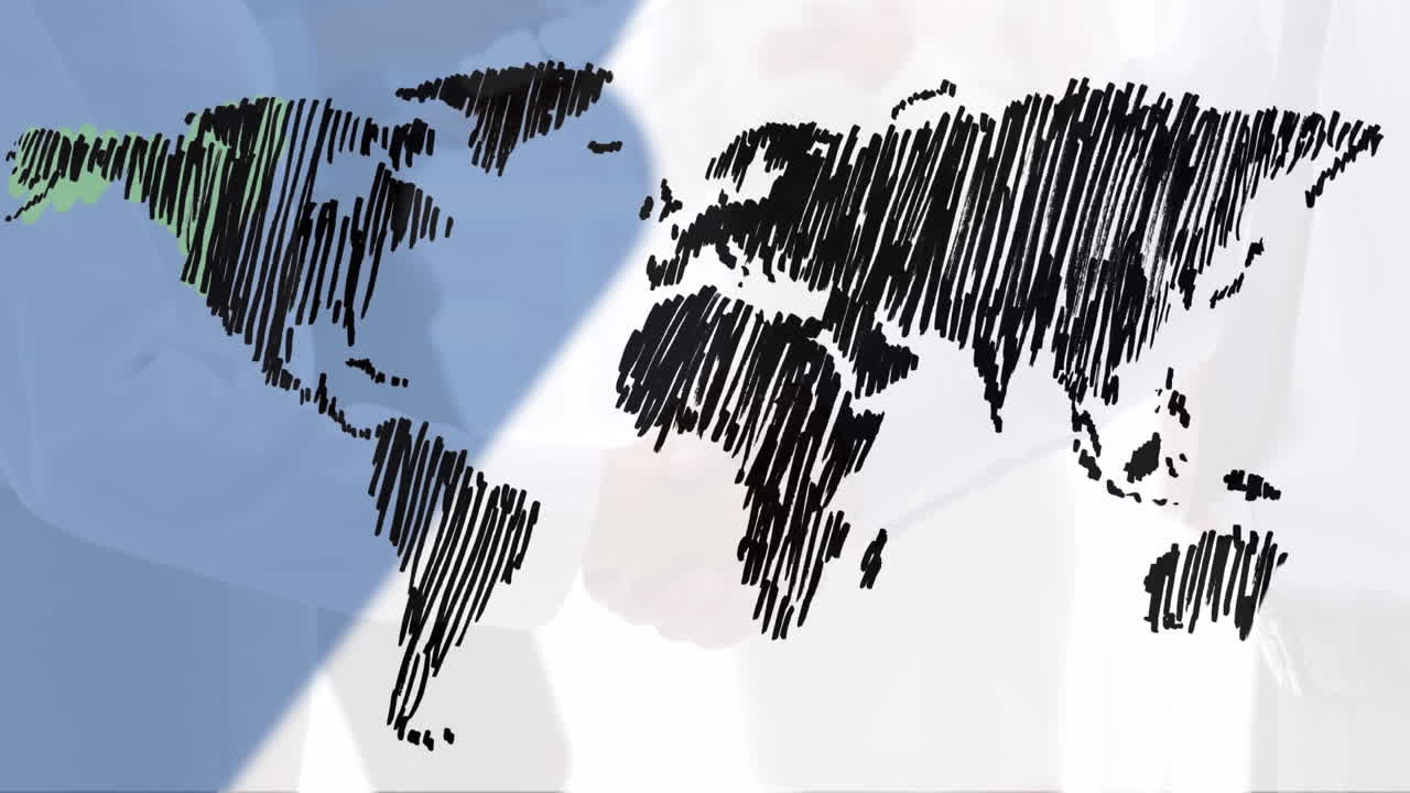 animación del mapa del mundo sobre el apretón de manos del hombre de negocios