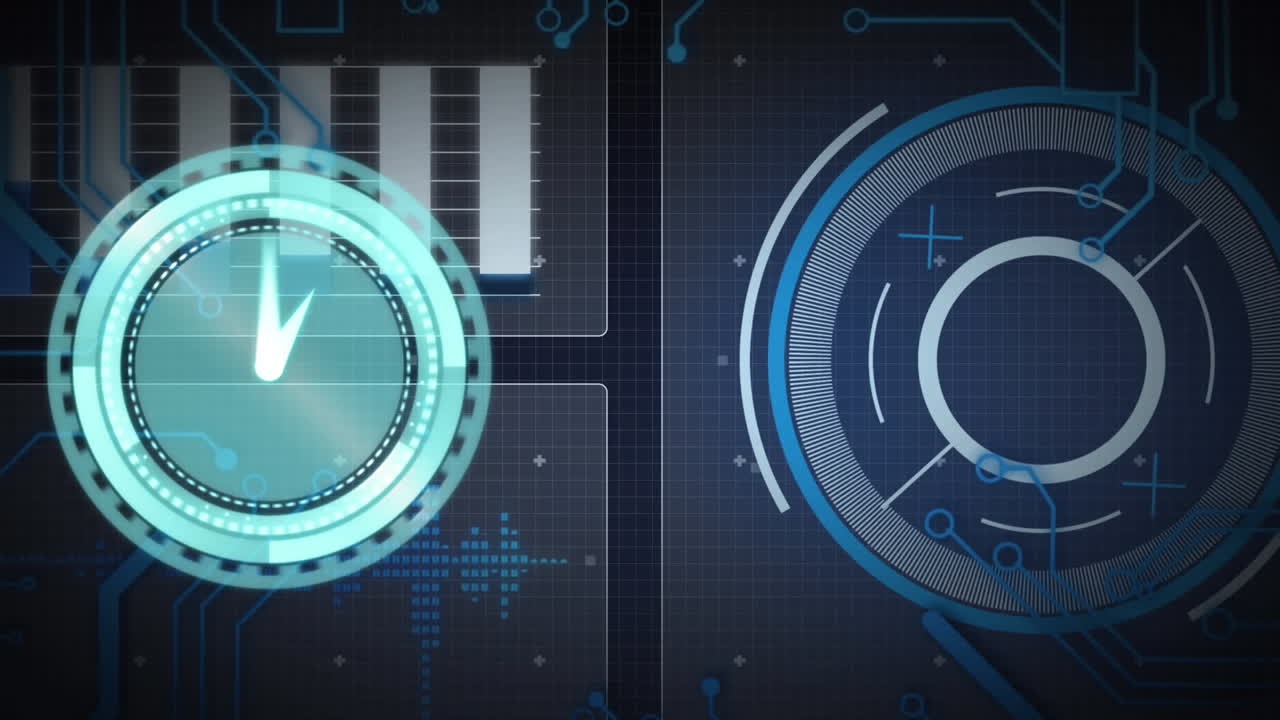 animación del reloj de neón sobre la interfaz con el procesamiento de datos contra un fondo azul