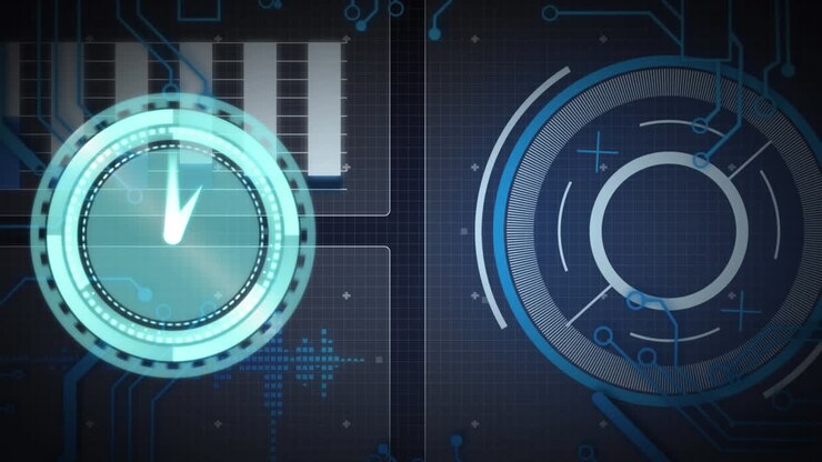 Animation of neon ticking clock over interface with data processing against blue background