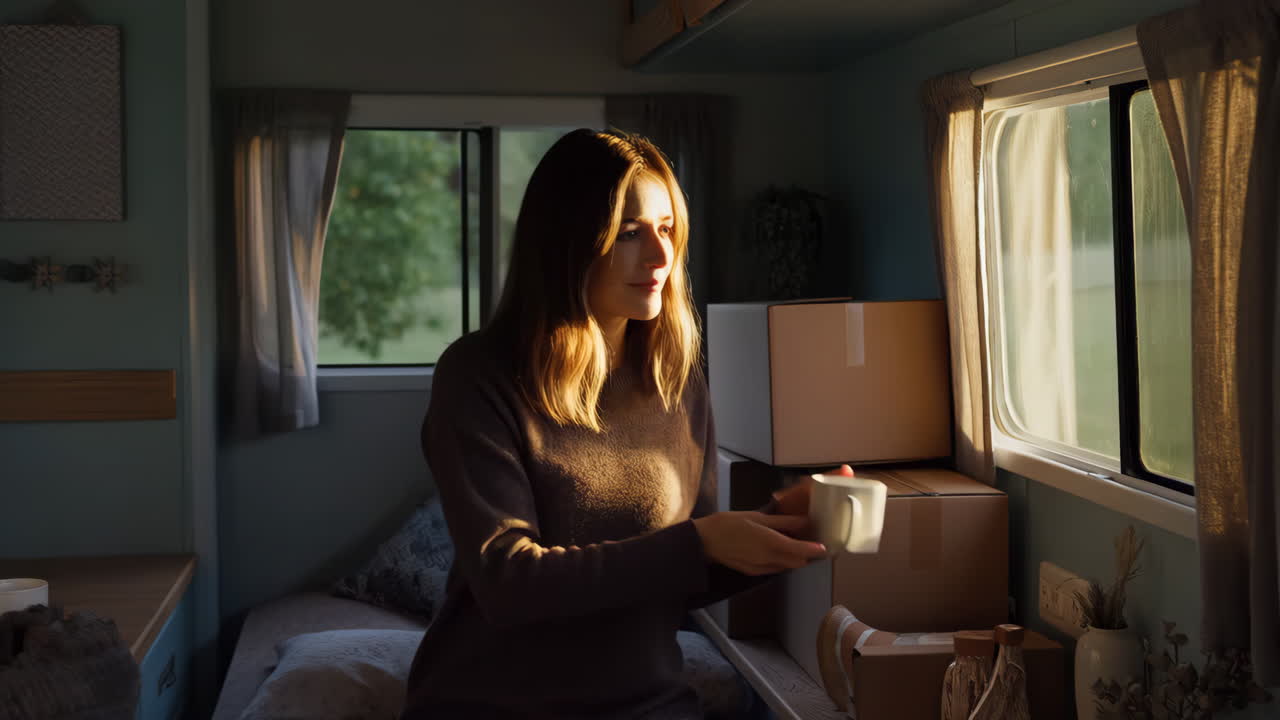 Woman Drinking Coffee in a Cozy Camper Van with Sunlight