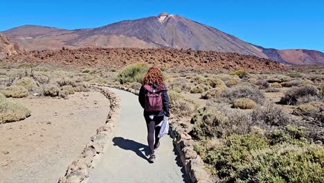 a hiker walks towards the teide volcano in roques de garcia, spain, on a clear day