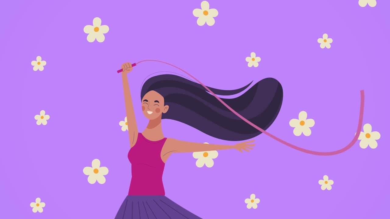 여자 춤과 꽃으로 축하하는 여성의 날 카드