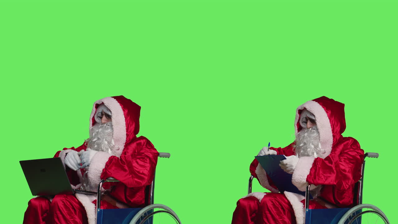 Two Santa Clauses in Wheelchairs on Green Screen